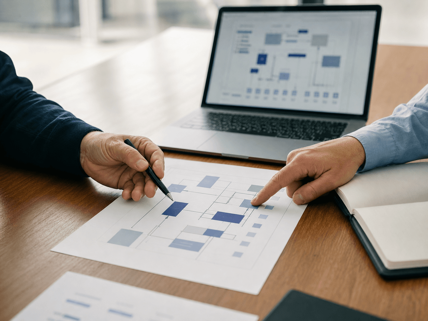 Hands reviewing a product architecture diagram beside a laptop